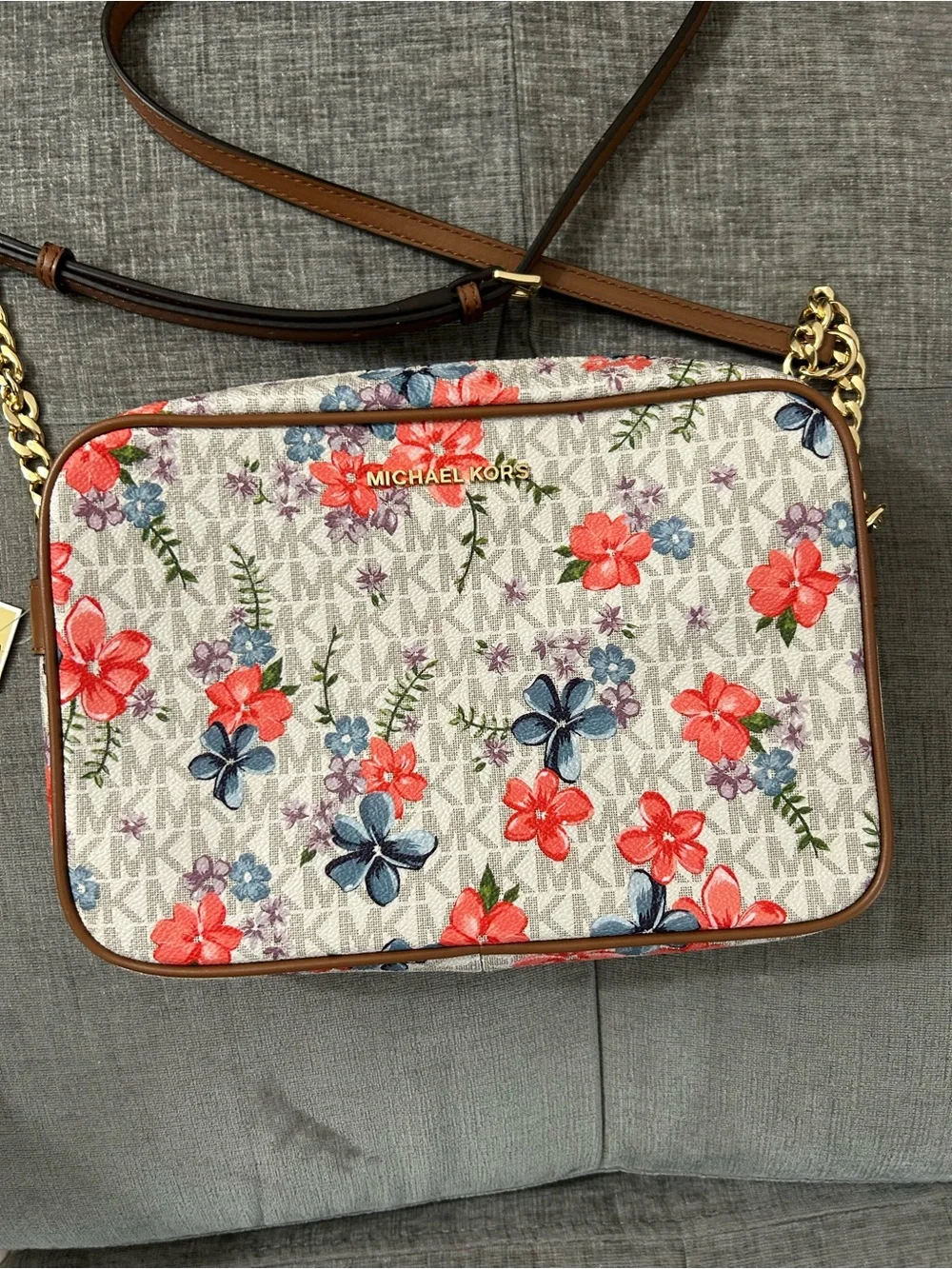 Michael Kors Floral MK Logo Crossbody Bag in White, Coral and Blue
